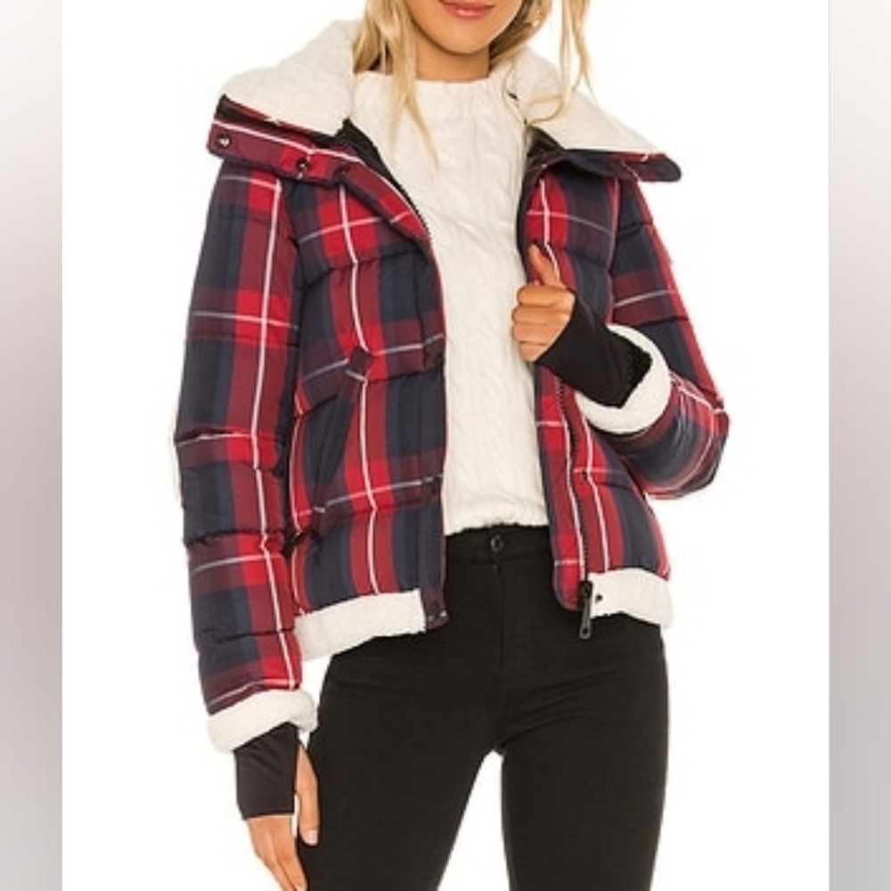 SAM. Red Plaid Mackenzie Lamb Shearling Tartan Plaid Goose Down Puffer Coat